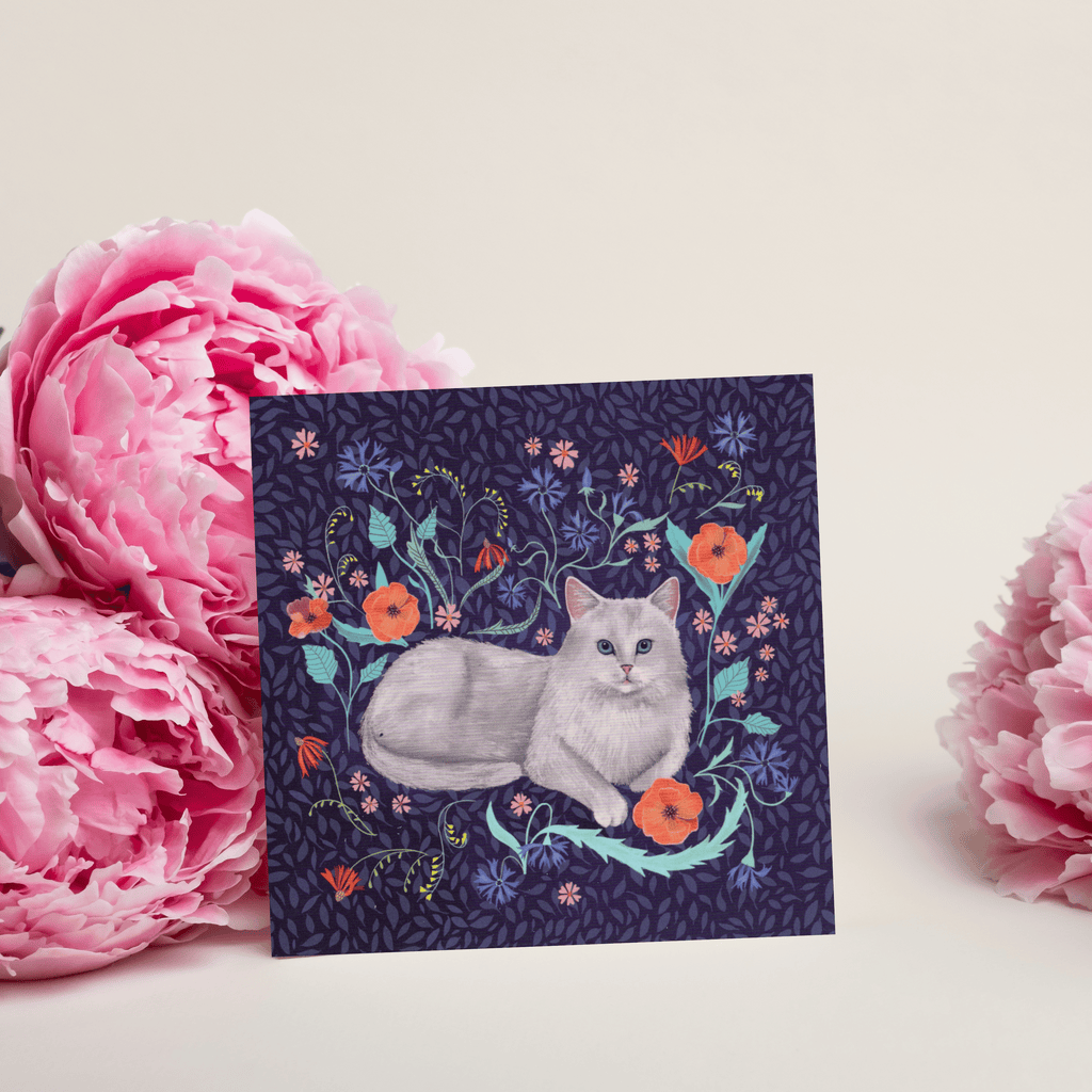 Farbenfrohe Katzen-Postkarte "Blumenkönigin", 13,5 x 13,5 cm