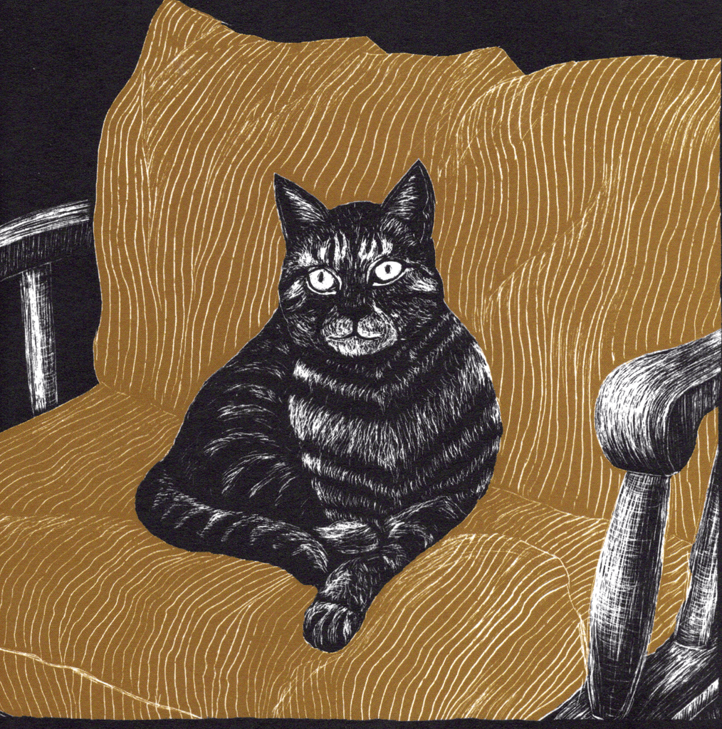 Illustrierte Postkarte Katze auf Opas Sessel auf Naturpapier, 14