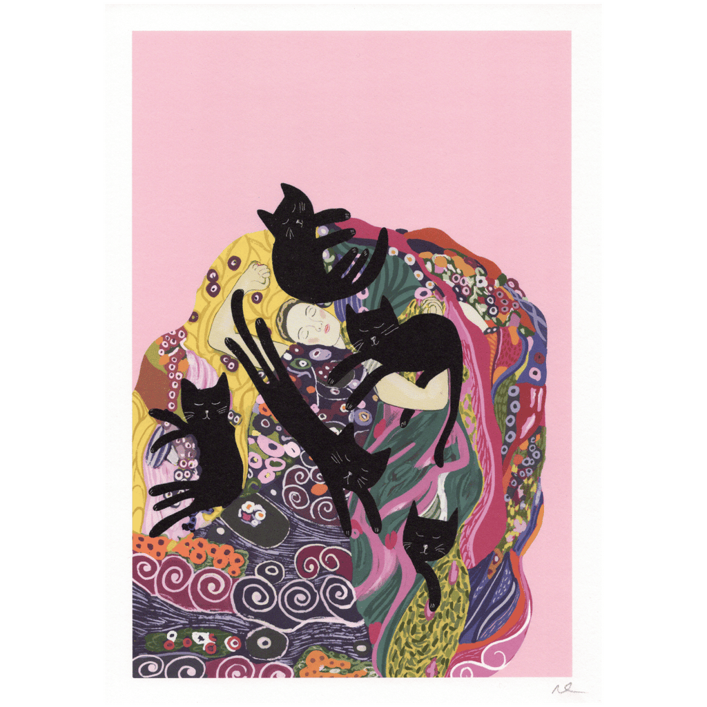Kunstdruck Die Jungfrau mit fünf Katzen (nach Gustav Klimt), A4-