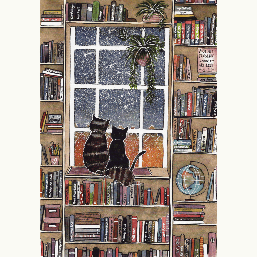 Print Bücherregal mit Katzen, zwei Größen