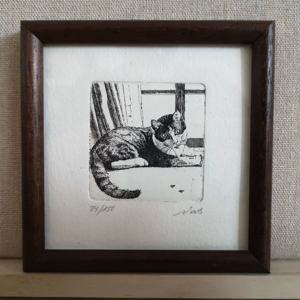 Original-Radierung "Katze am Fenster" von Ute Voos, limitierte Auflage Sir Mittens