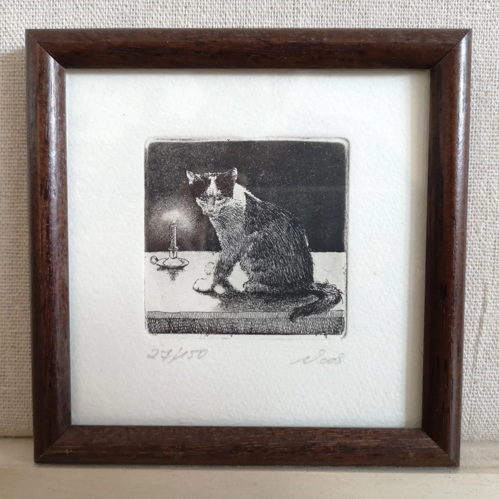 Original-Radierung "Katze im Kerzenschein" von Ute Voos, limitierte Auflage Sir Mittens