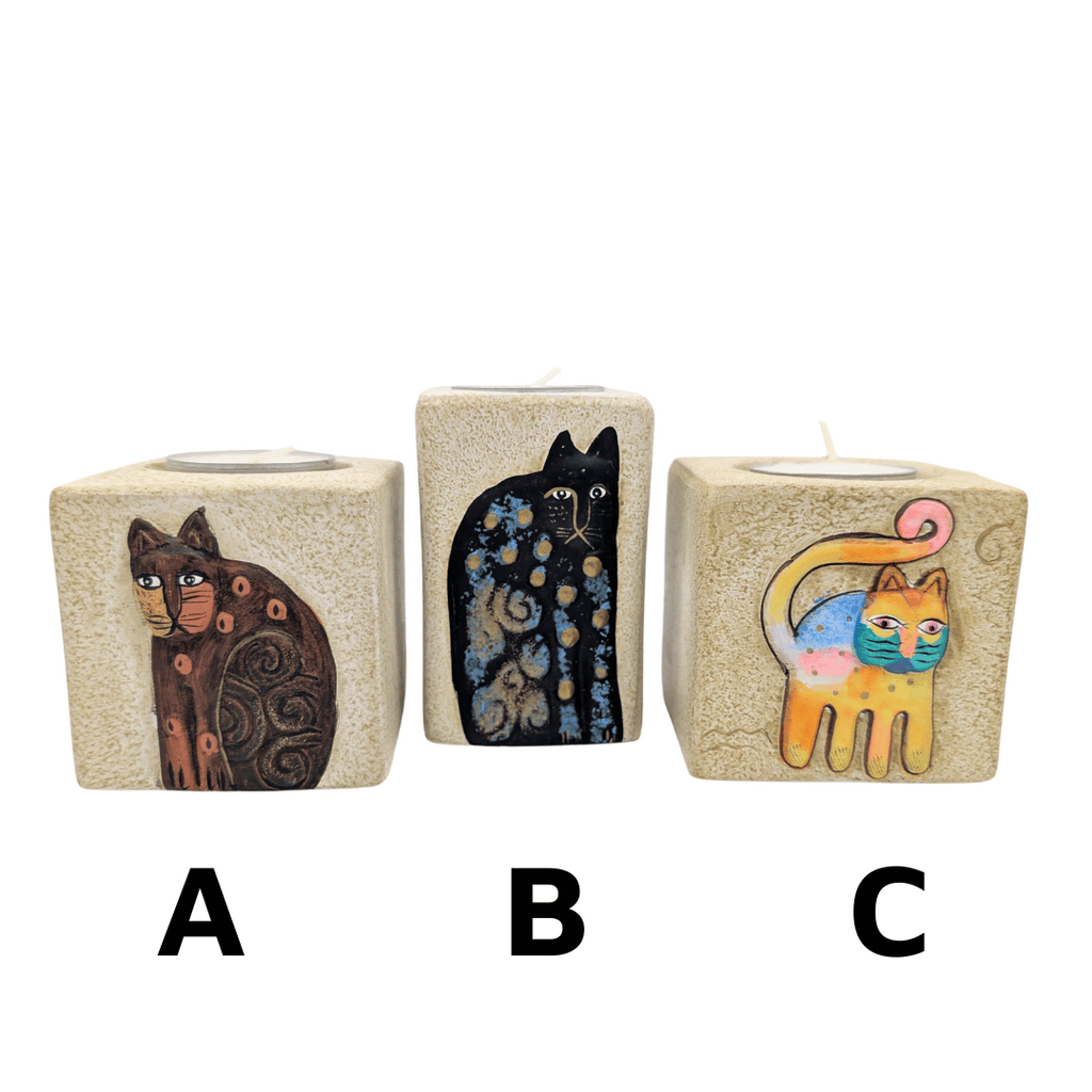 Keramik-Teelichthalter mit Katzenmotiven, 3 Varianten