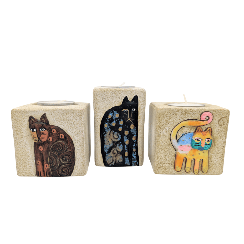 Keramik-Teelichthalter mit Katzenmotiven, 3 Varianten