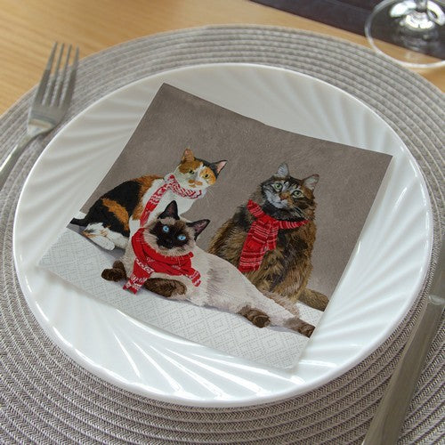 Servietten mit dem Motiv dreier Katzen, die Winterschal tragen