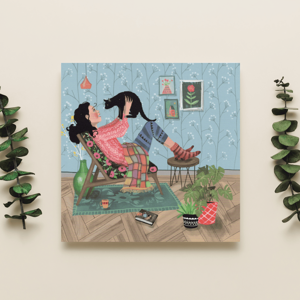 Farbenfrohe Katzen-Postkarte "Happy Place", 13,5 x 13,5 cm