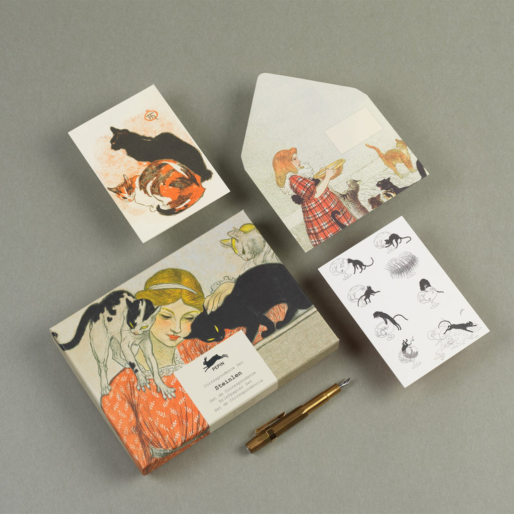 Korrespondenz-Set – Briefpapier, Umschläge, Grußkarten, Sticker und Label mit Frauen- und Katzenmotiven