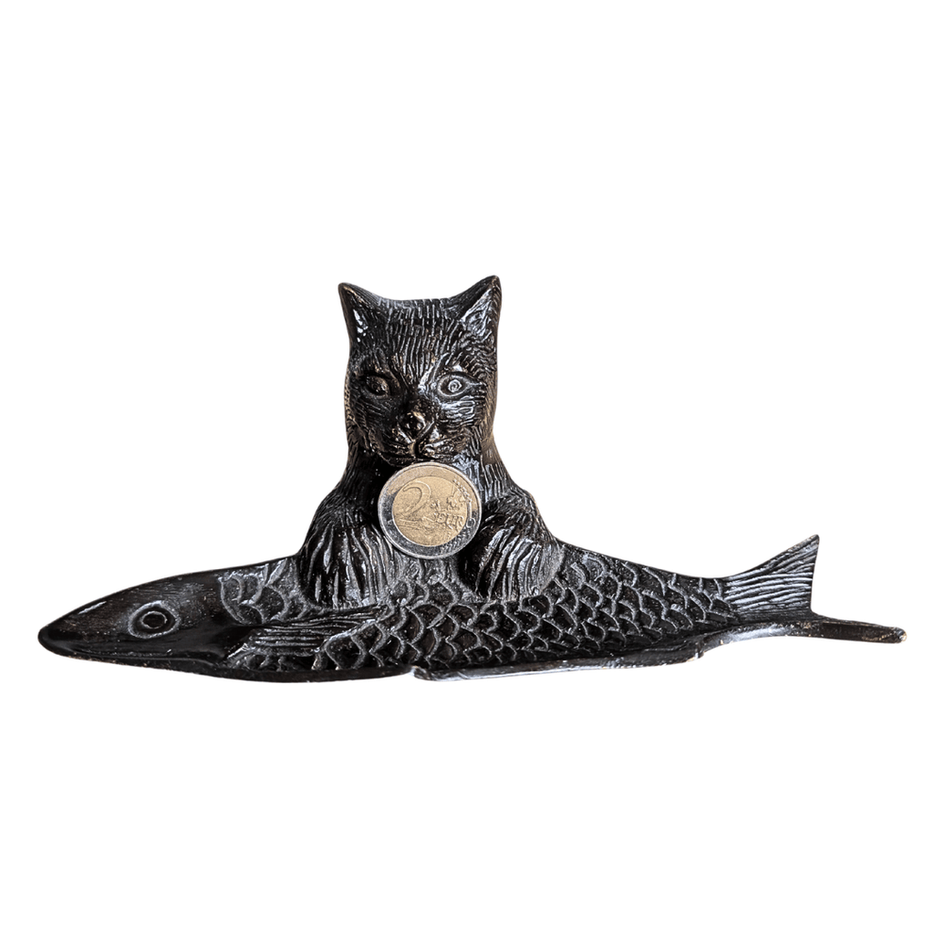 Antike Stiftablage Katze mit Fisch aus Bronze