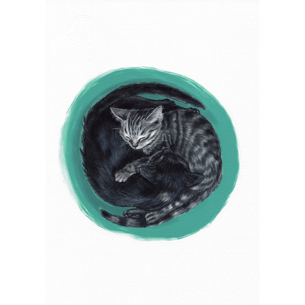 Aquarell Giclée-Kunstdruck Yin Yang Katzen, DIN A4_grün