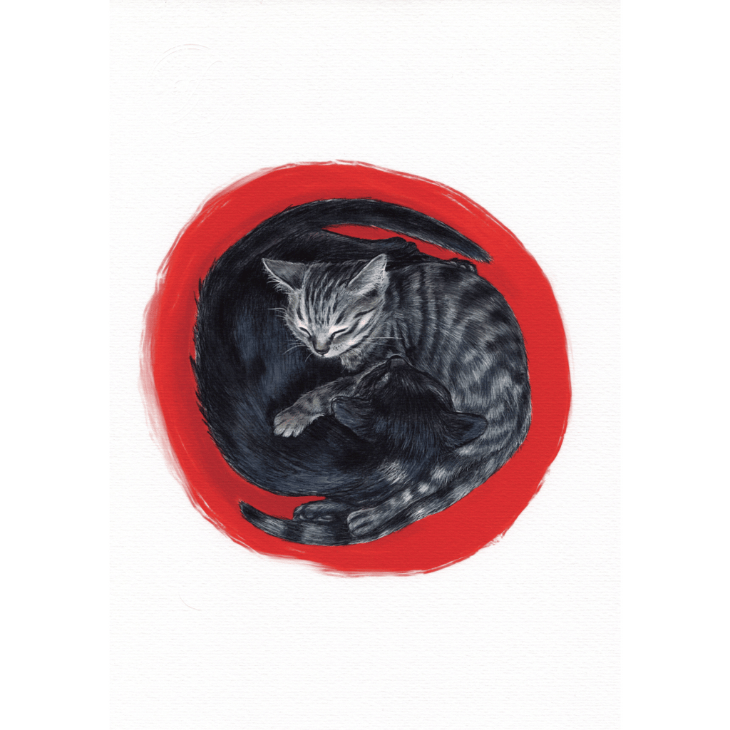 Aquarell Giclée-Kunstdruck Yin Yang Katzen, DIN A4_rot