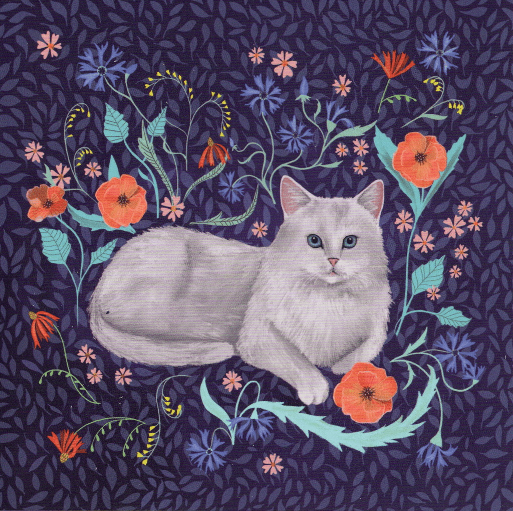 Farbenfrohe Katzen-Postkarte Blumenkönigin, 13,5 x 13,5 cm