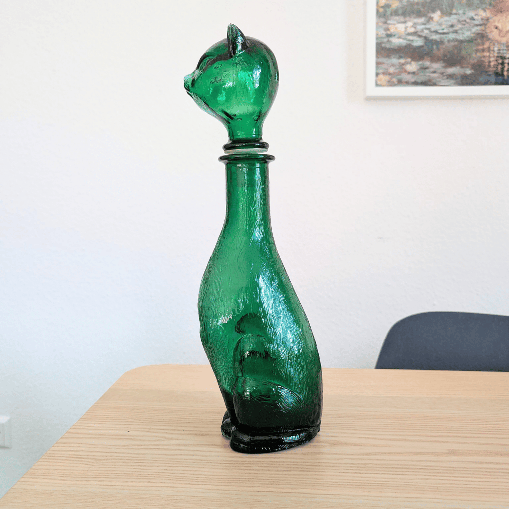 Große Vintage Empoli Glasflasche Katze, Dekanter grün