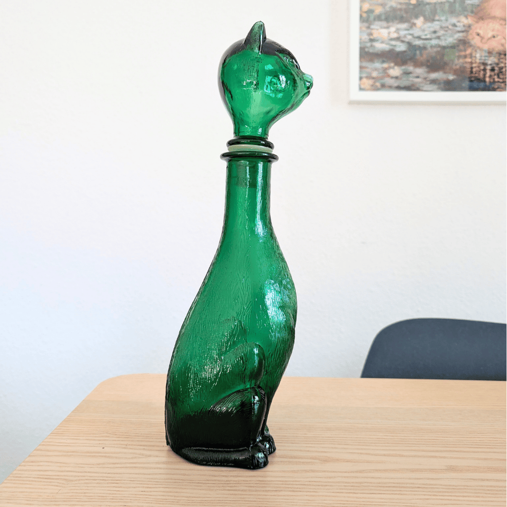 Große Vintage Empoli Glasflasche Katze, Dekanter grün