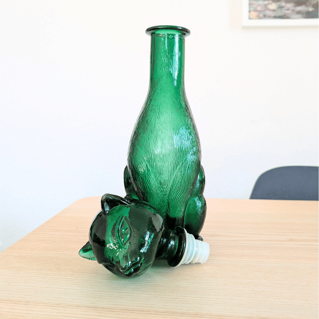 Große Vintage Empoli Glasflasche Katze, Dekanter grün
