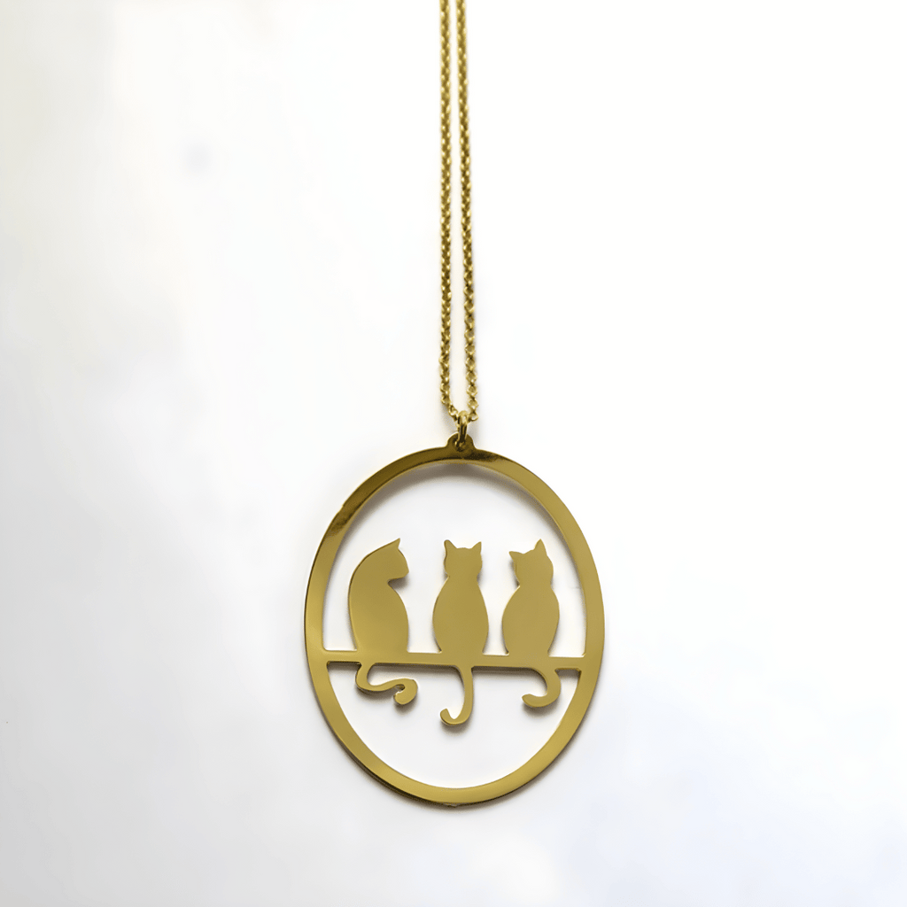 Handgearbeitete lange Halskette Katzen-Trio (70 cm), golden oder silbern