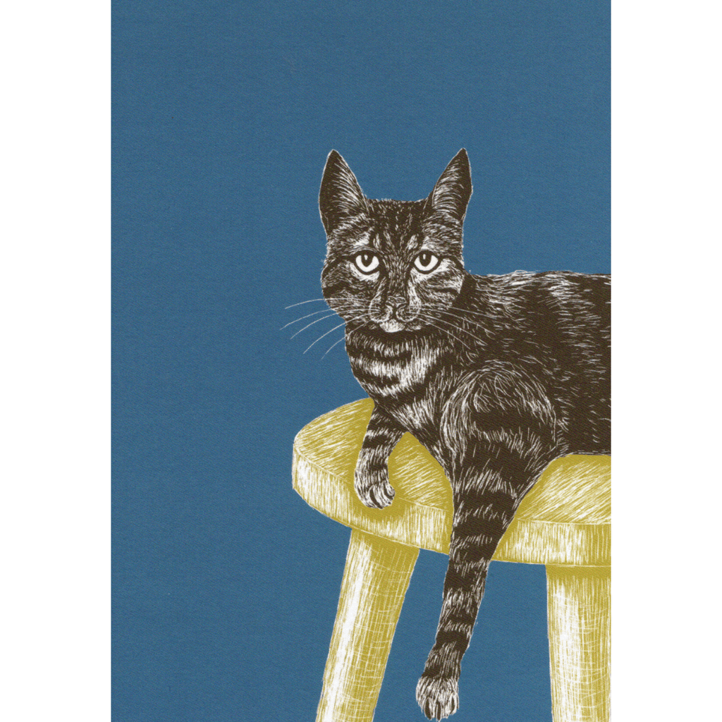 Illustriertes A4-Poster Katze auf Hocker_blau