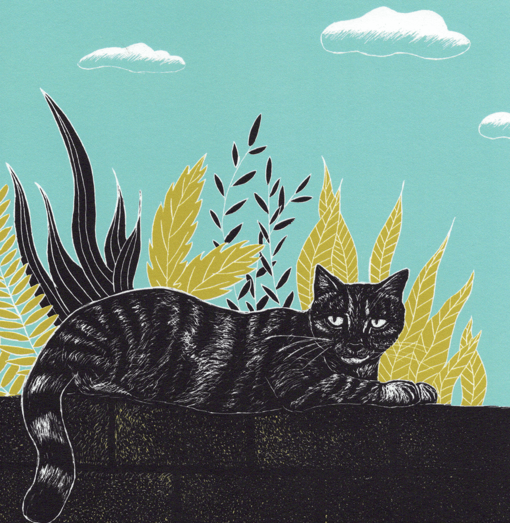 Illustrierte Postkarte Katze auf der Mauer auf Naturpapier, 14,8