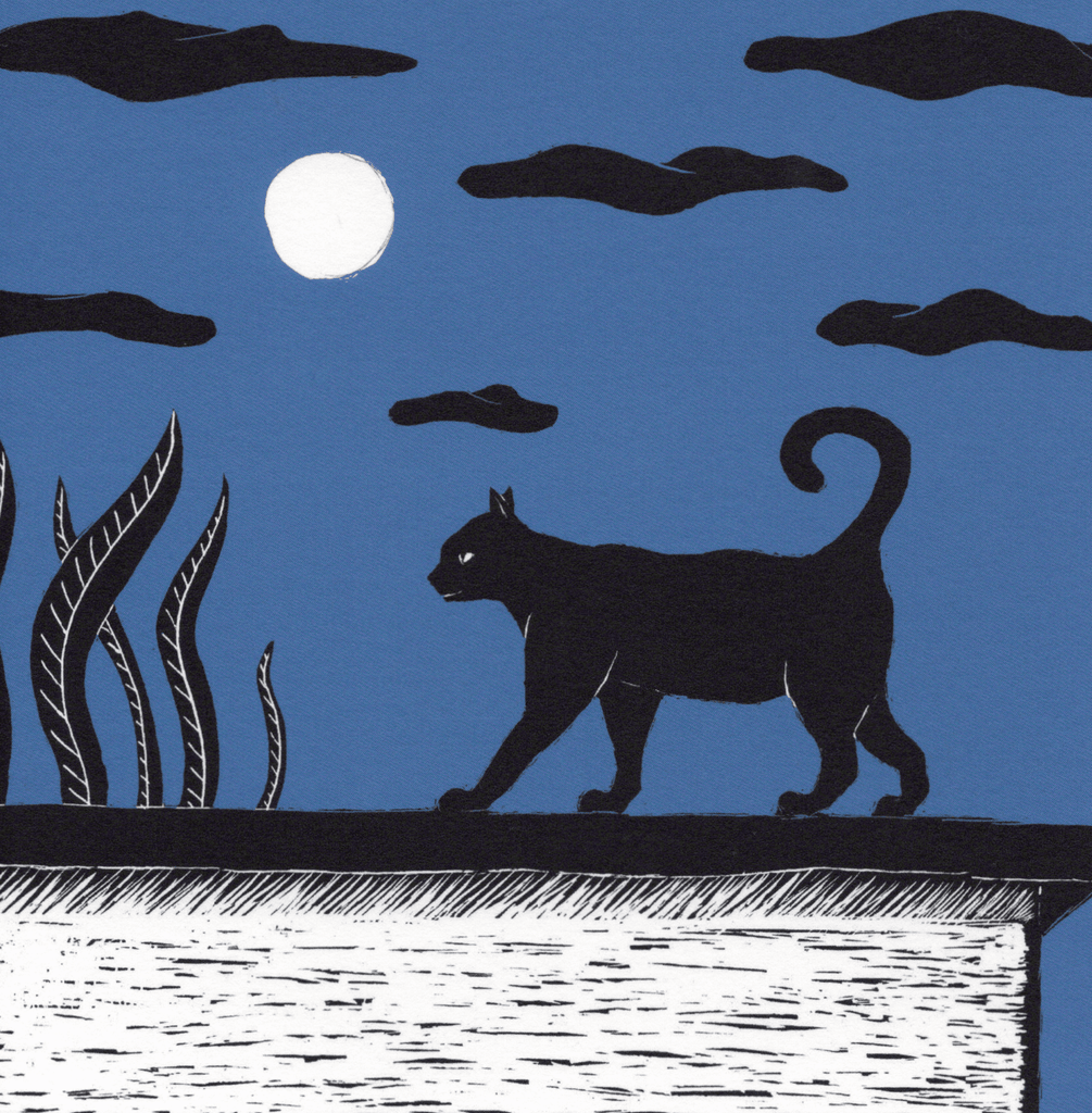 Illustrierte Postkarte Katze im Mondschein auf Naturpapier