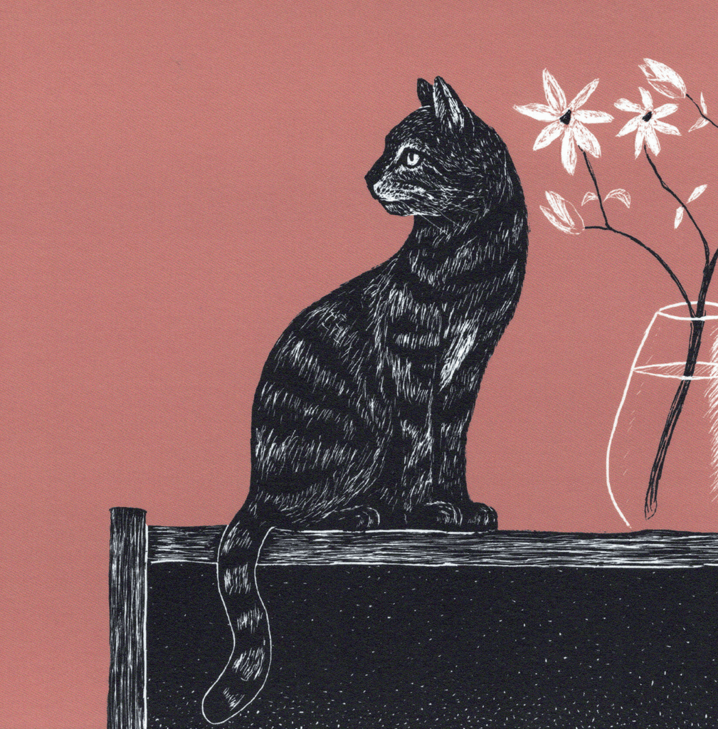 Illustrierte Postkarte Katze mit Vase auf Naturpapier
