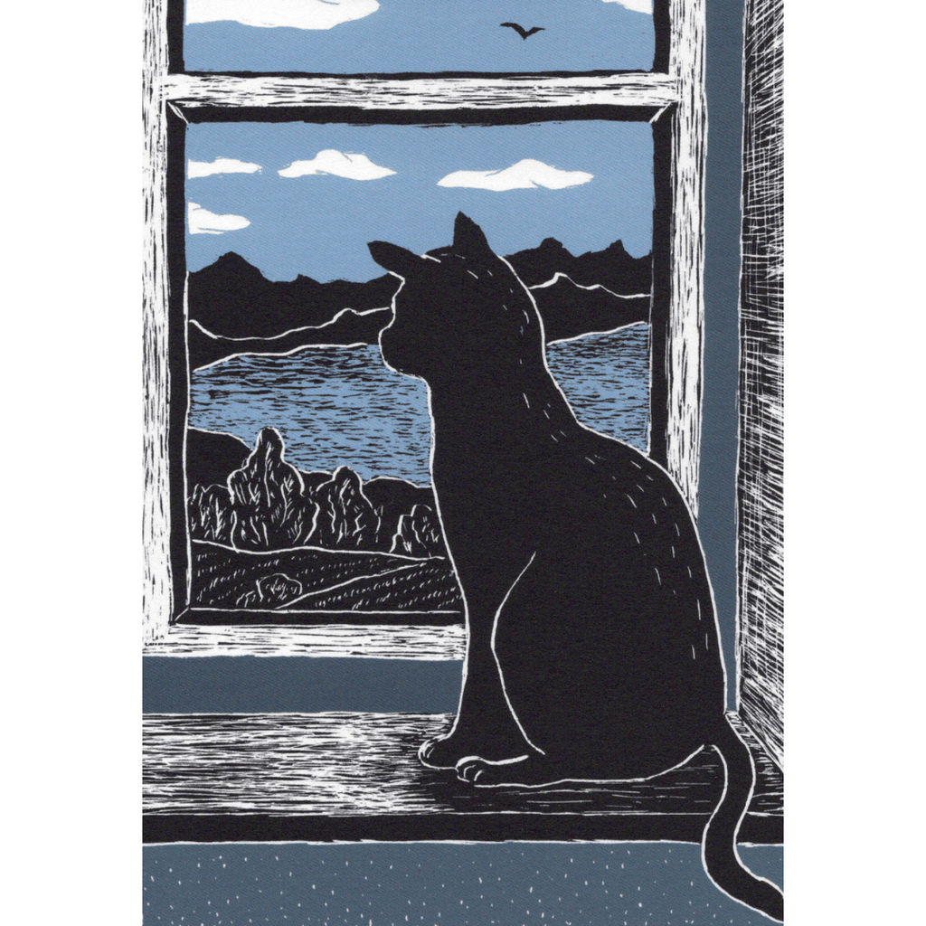 Illustrierte Postkarte Wachsame Katze auf Naturpapier, A6