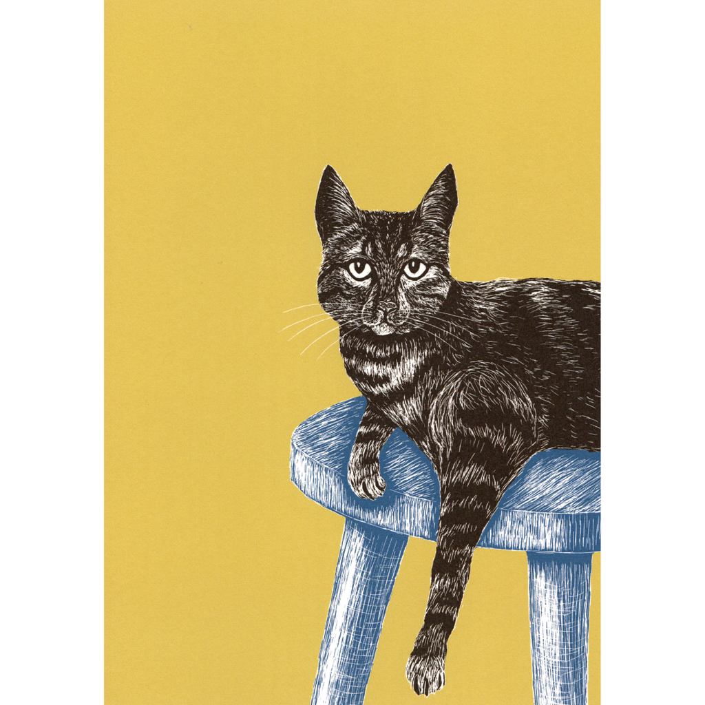 Illustriertes A4-Poster Katze auf Hocker_gelb