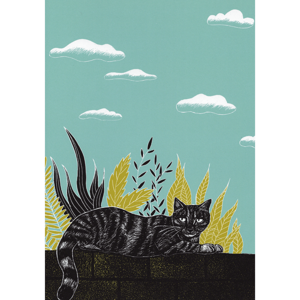 Illustriertes Poster Katze auf der Mauer (A4), Kunstdruck auf Feinpapier