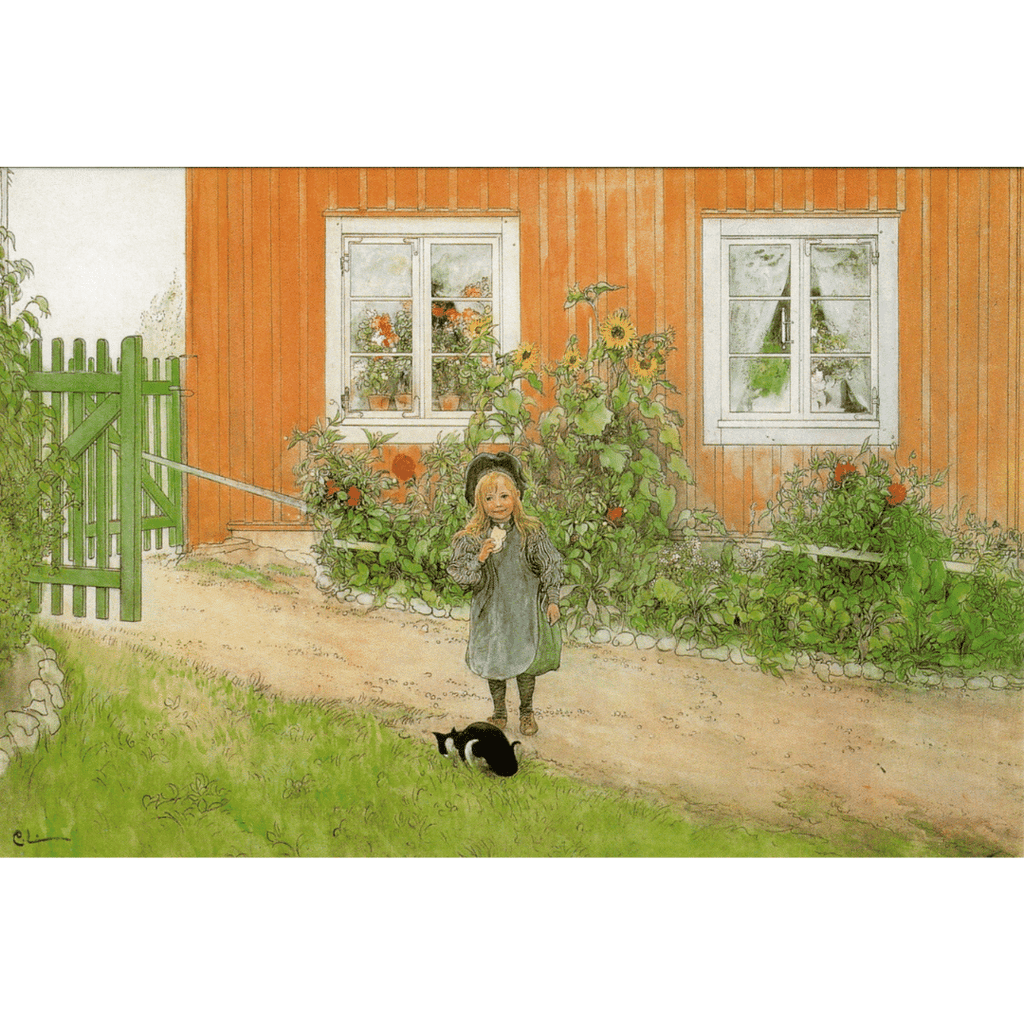 Kunst-Grußkarte Kersti und die Katze vor der Blumenrabatte (Carl Larsson)