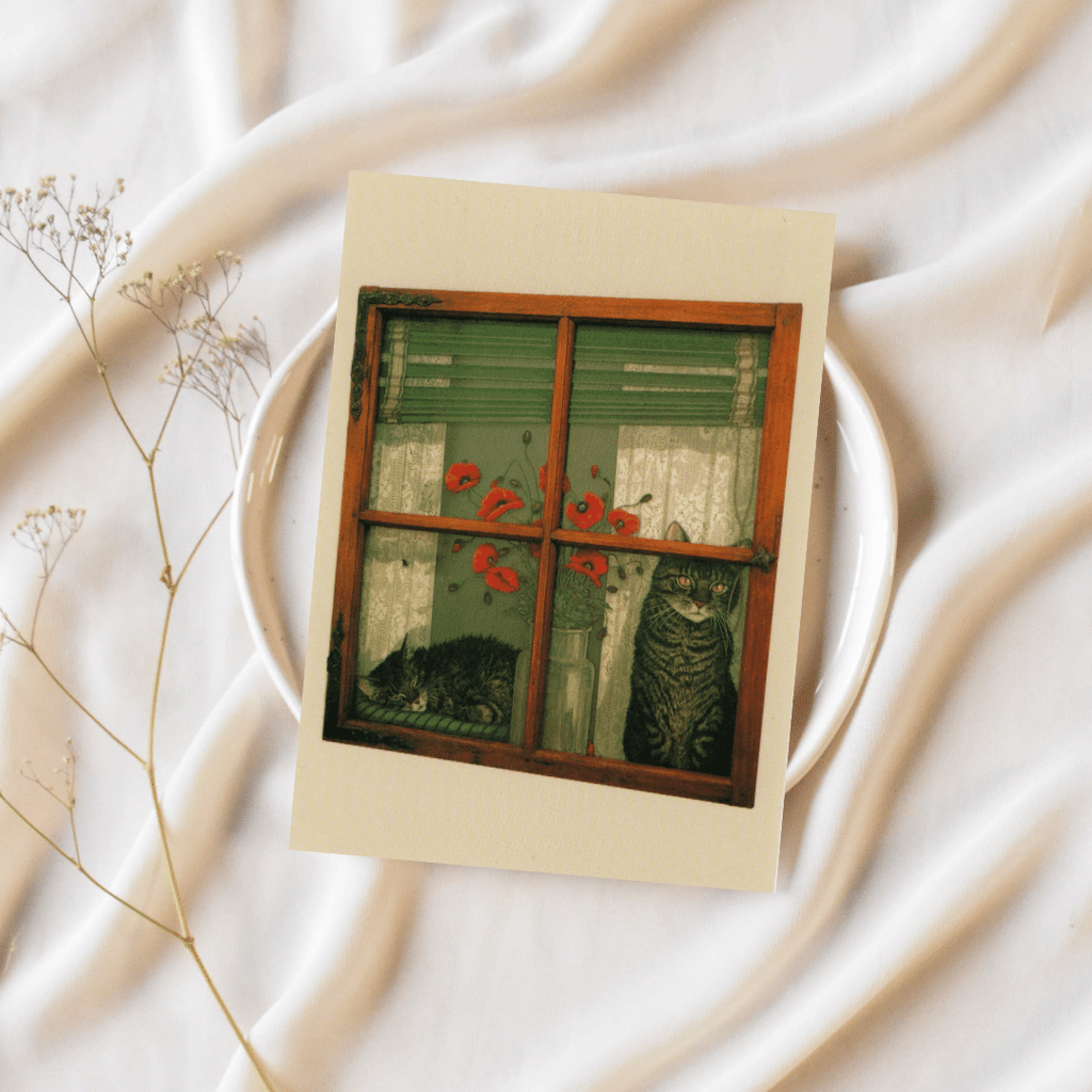 Kunst-Postkarte Katzen am Fenster (Annemarie Bardon)