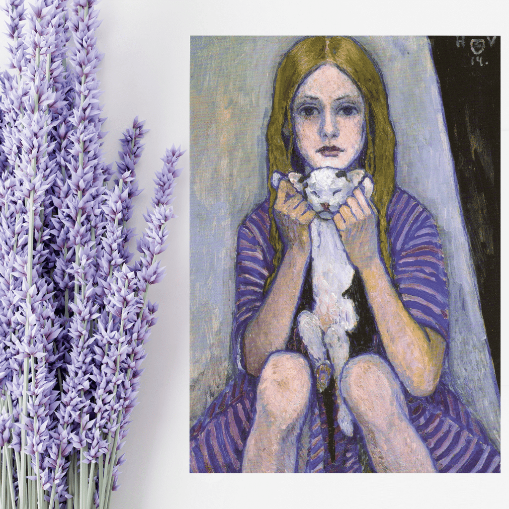 Kunst-Postkarte "Mädchen mit Katze" (Heinrich Vogeler)