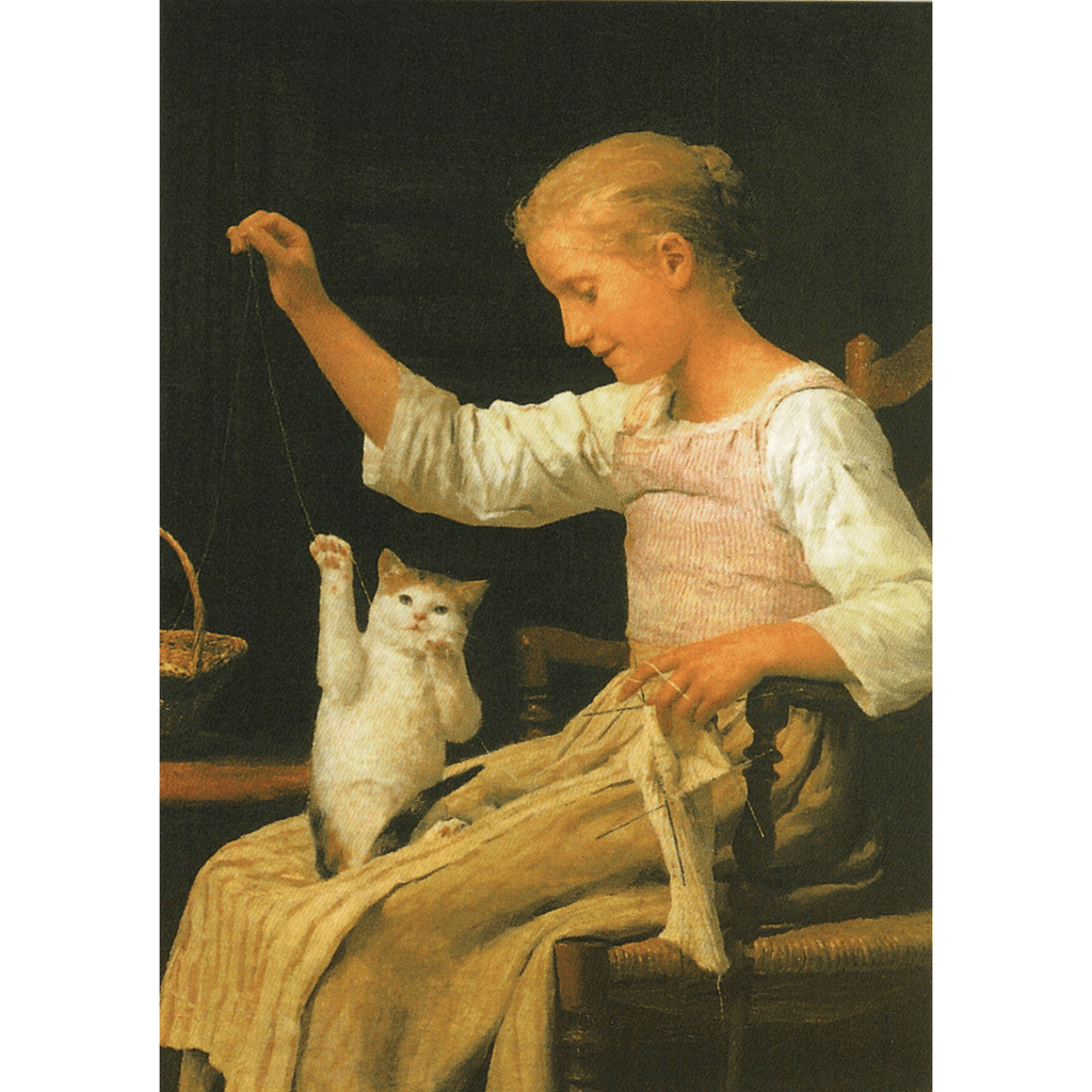 Kunst-Postkarte Mädchen mit seiner Katze spielend (Albert Anker)