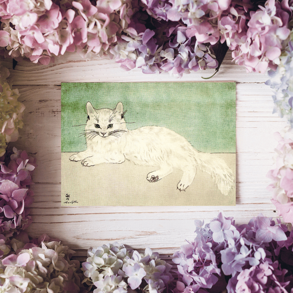 Kunst-Postkarte Weiße Katze (Tsuguharu Leonard Foujita)