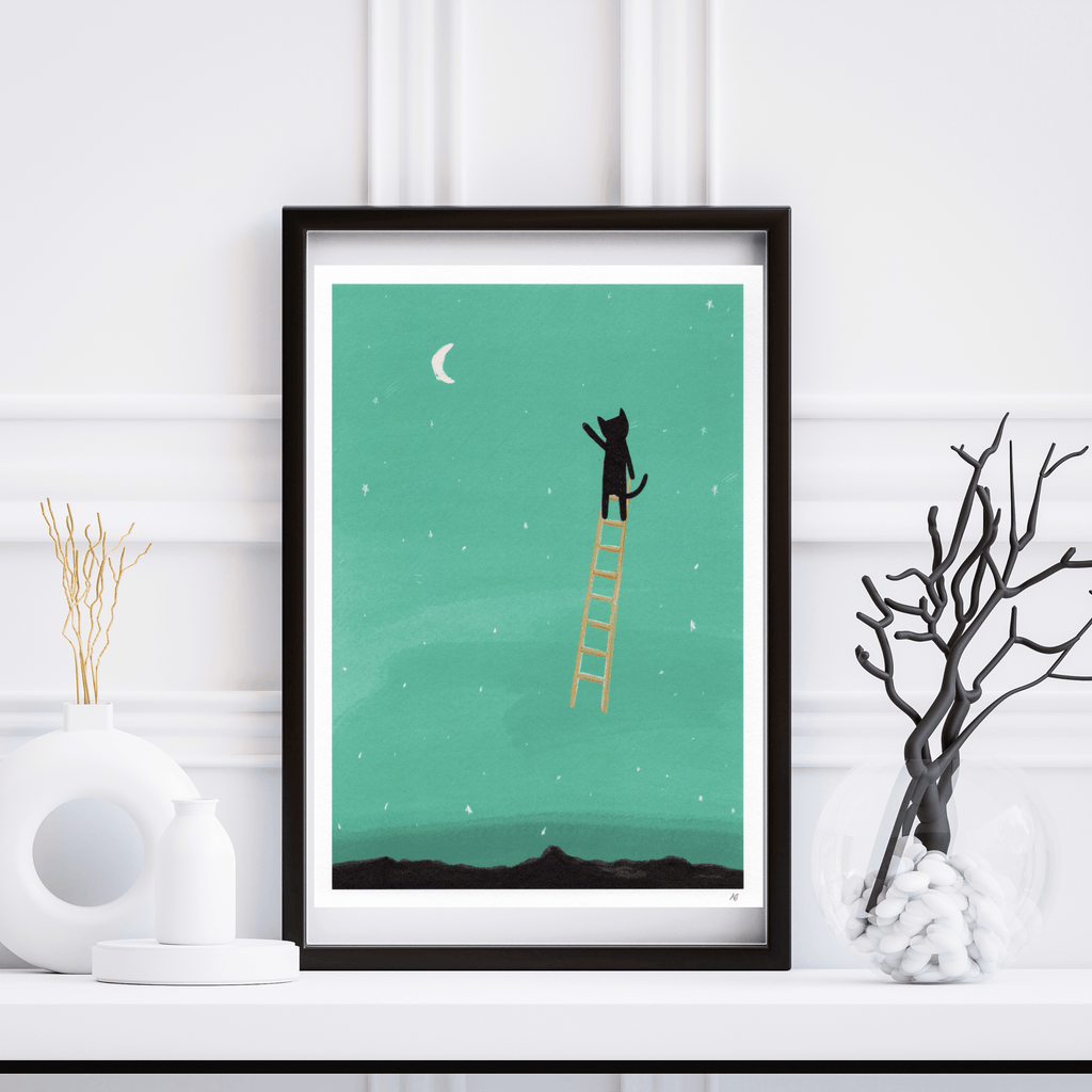 Kunstdruck "Cat Ladder to the Moon", A4-Print