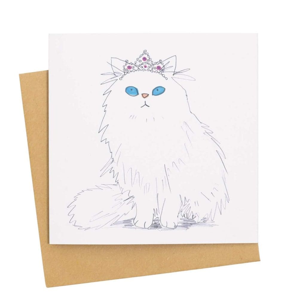 Grußkarte einer weißen Katze, die eine Tiara trägt