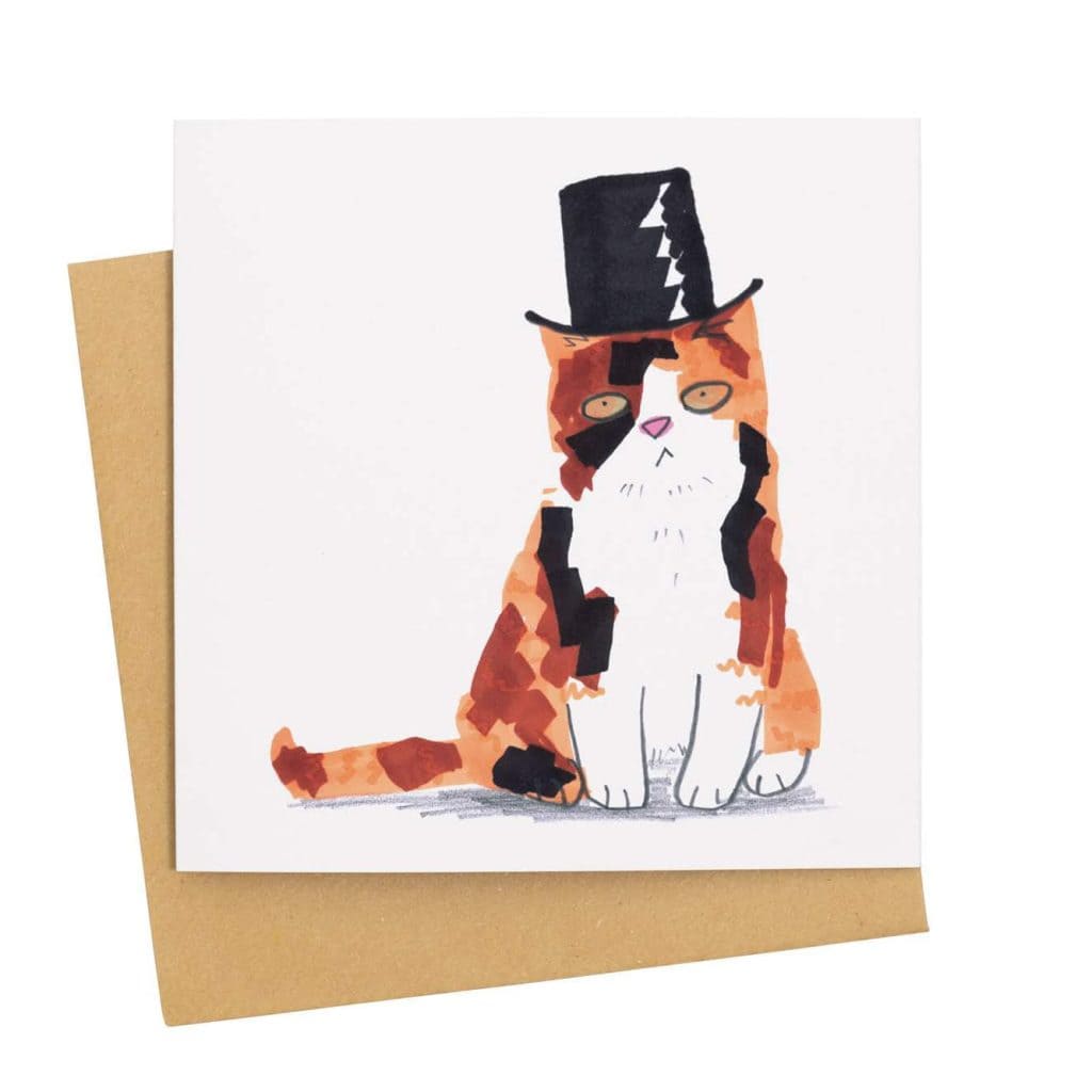 Grußkarte mit einer Katze, die einen Zylinder trägt