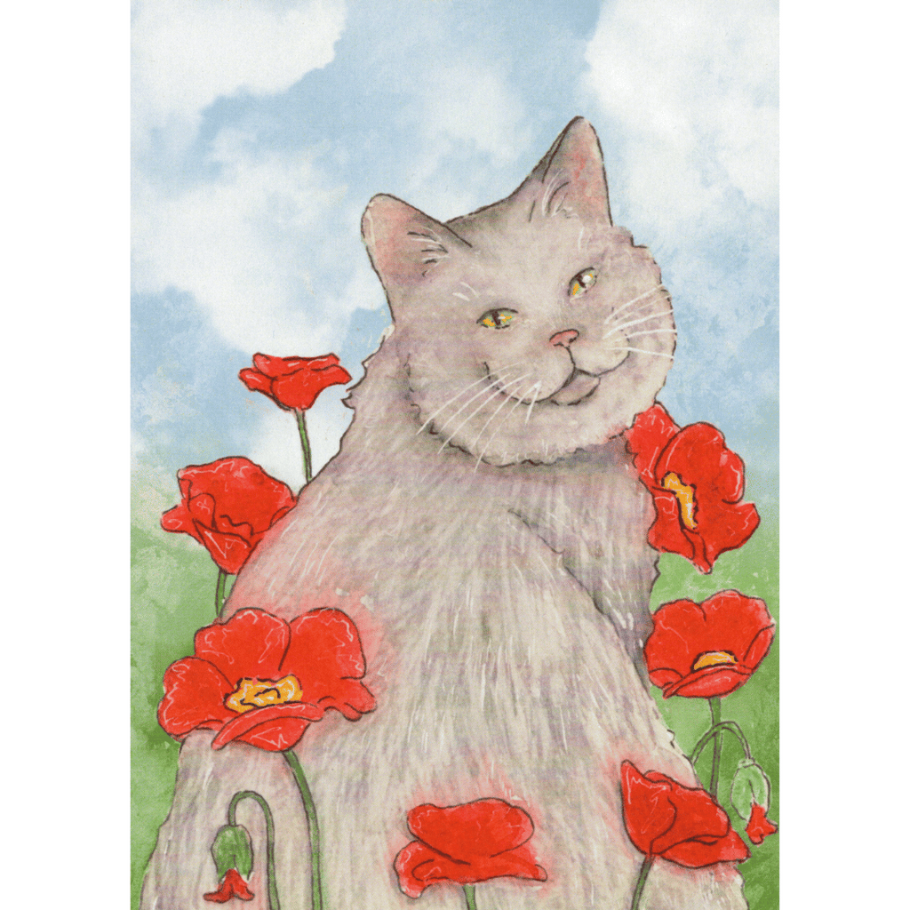 Postkarte Katze im Mohnblumenfeld