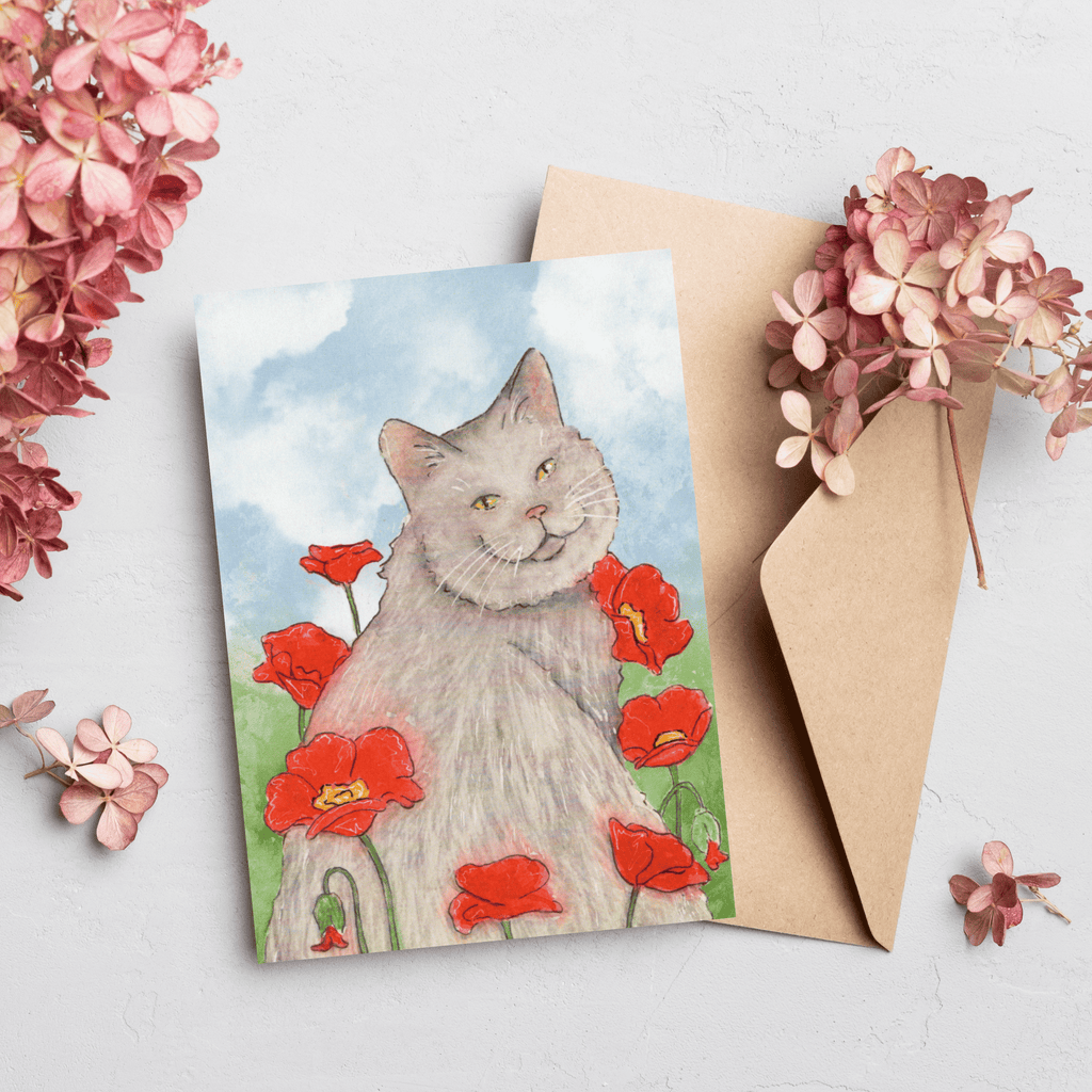Postkarte "Katze im Mohnblumenfeld"