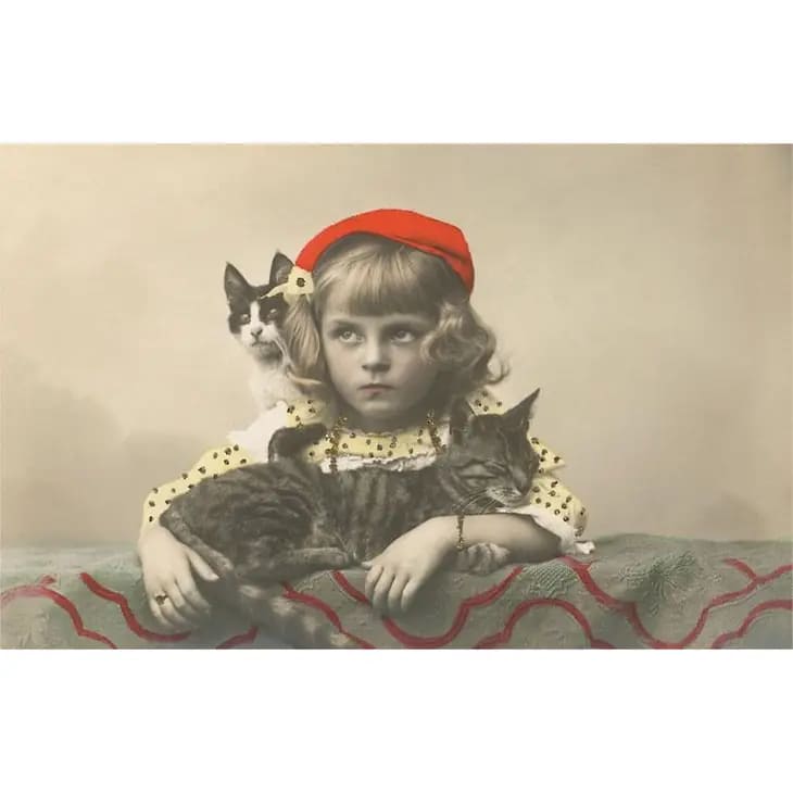 Retro-Postkarte "Girl with Red Tam and Two Cats"