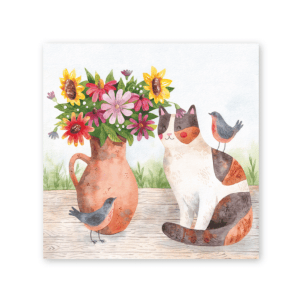 Glückwunschkarte "Katze mit Rotkehlchen"