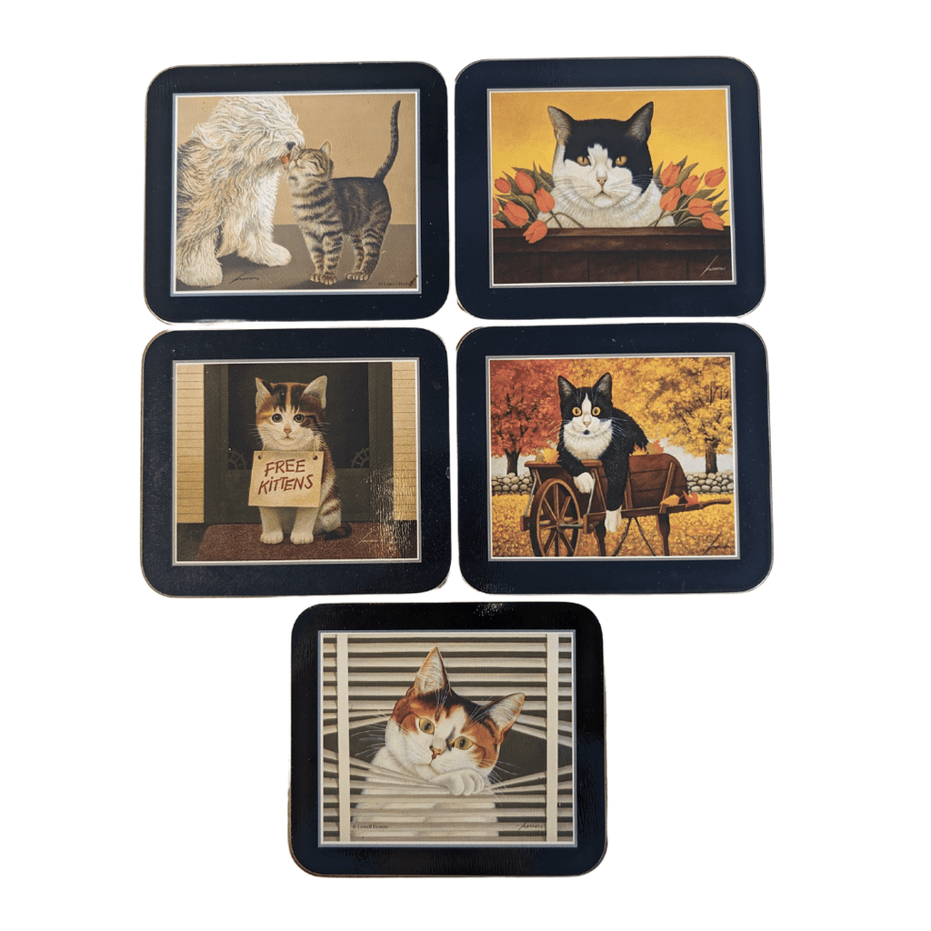 Set aus fünf Untersetzern mit Katzenmotiven von Lowell Herrero