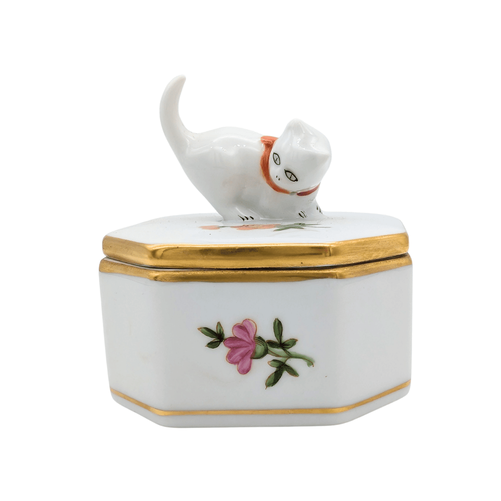 Vintage Herend Porzellan Schmuckdose mit Katze