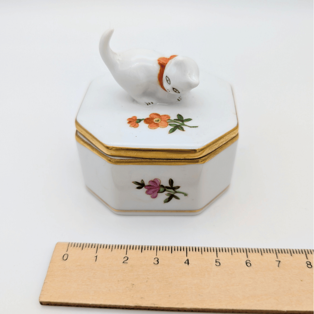 Vintage Herend Porzellan Schmuckdose mit Katze