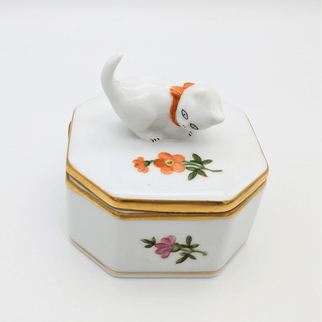 Vintage Herend Porzellan Schmuckdose mit Katze