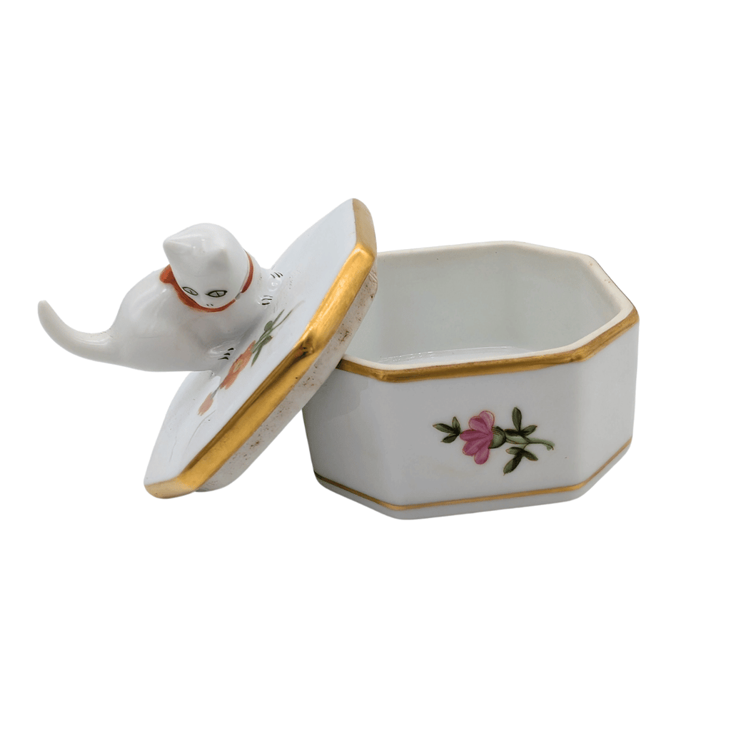 Vintage Herend Porzellan Schmuckdose mit Katze