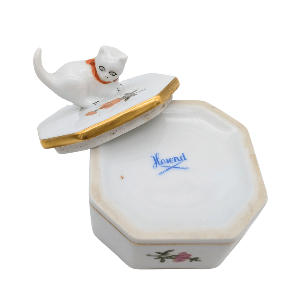 Vintage Herend Porzellan Schmuckdose mit Katze