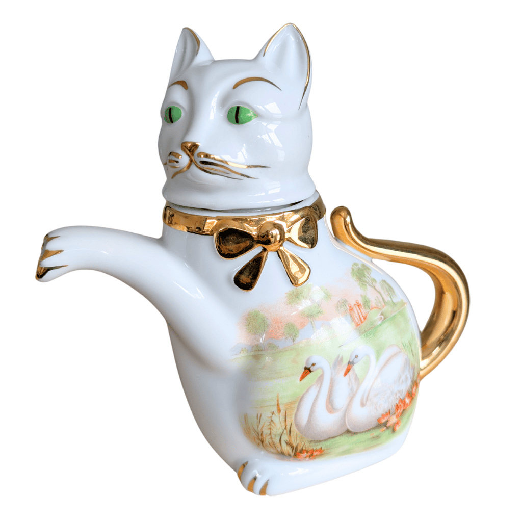 Weiß-goldene Vintage Porzellan-Katzenkanne mit Schwanenmotiv, Spanien