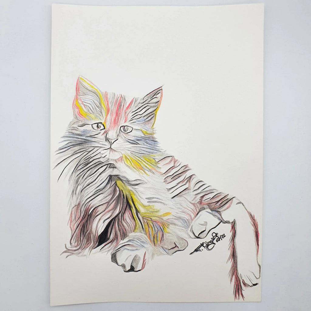Aquarell "Bunte Katze" auf Künstlerpapier, Format 21 cm x 27,9 cm Sir Mittens