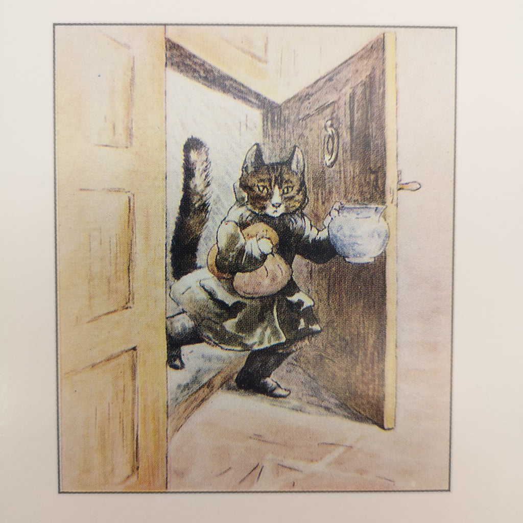 Postkarte mit Illustration einer Katze, die zur Tür hereinkommt