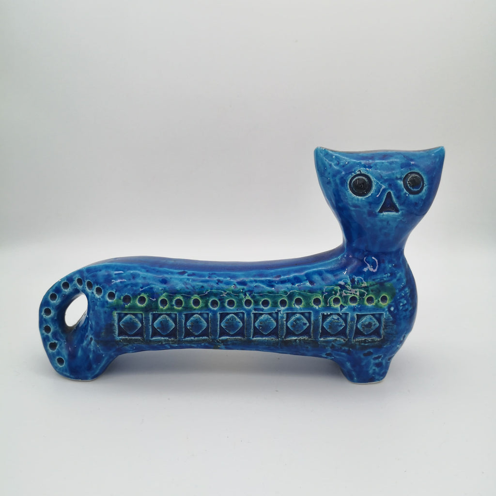 lange blaue Keramik-Katzenfigur mit Mustern