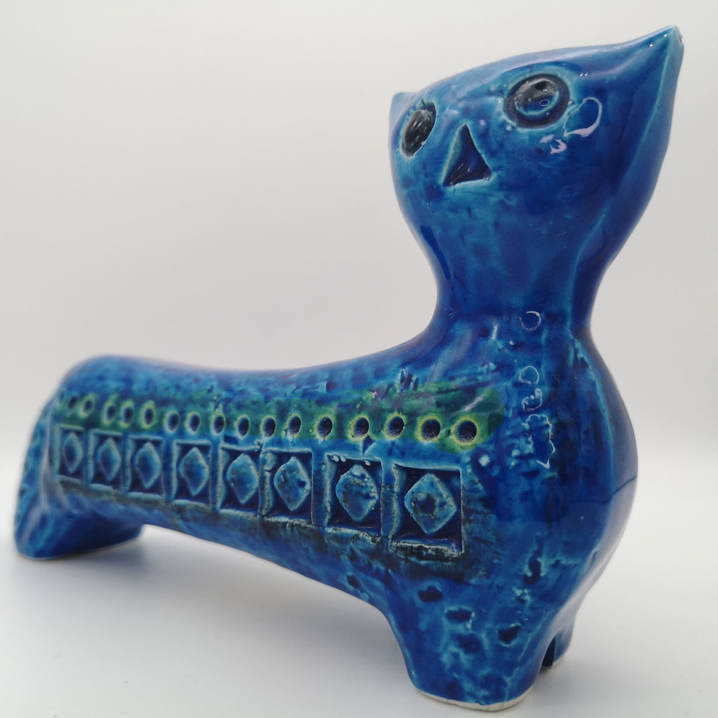 lange blaue Keramik-Katzenfigur mit Mustern