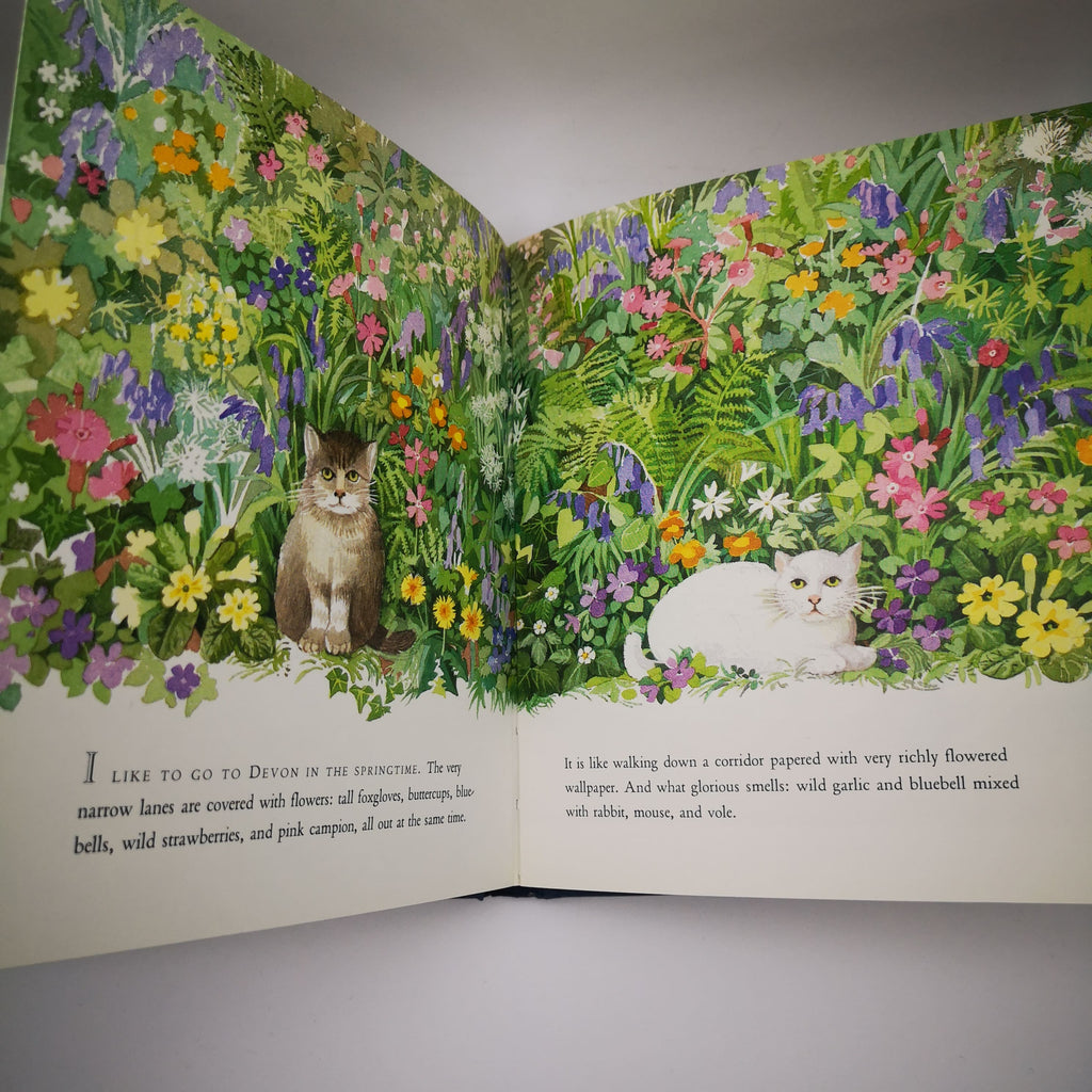 Illustrationen mit Katzen und bunten Blumen aus einem Buch